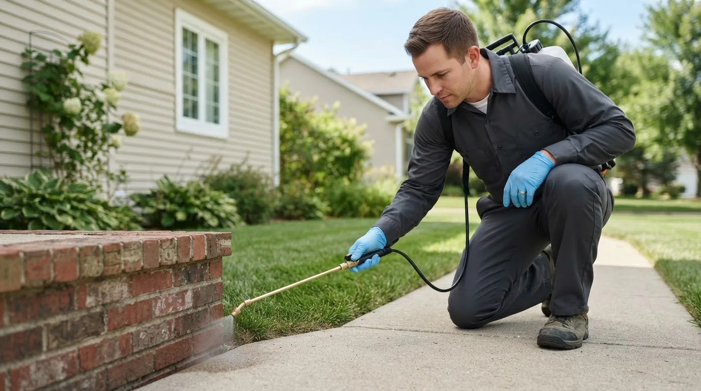 Pest control technician treating a home near Porter, ME