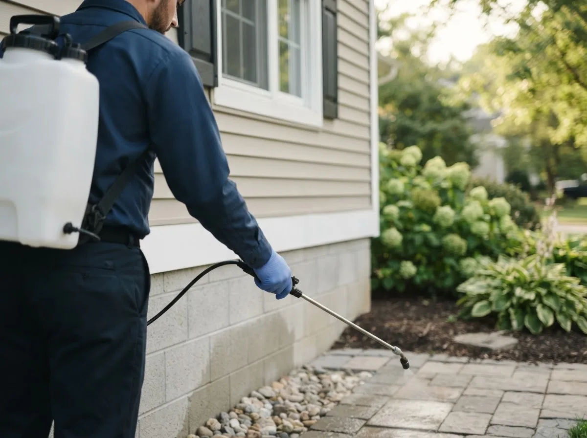 Pest control technician inspecting a home in Porter, ME